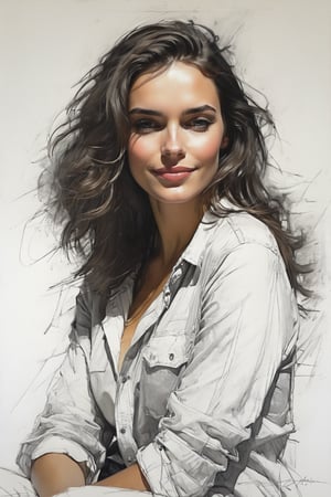 Masterpiece, best quality, dreamwave, aesthetic, 1woman, open look, (looking into the eyes), smiling charmingly sexy, free field of sheet, sketch, lineart, pencil, white background, portrait by Alizee, Style by Nikolay Feshin, artistic oil painting stick,charcoal \(medium\),