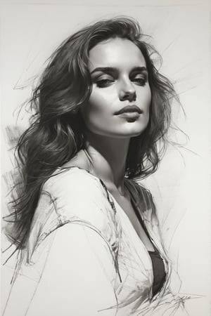 Masterpiece, best quality, dreamwave, aesthetic, 1woman, open look, (looking into the eyes), charming sexy half-smile, sketch, lineart, pencil, white background, portrait by Alizee, Style by Nikolay Feshin, artistic oil painting stick,charcoal \(medium\),