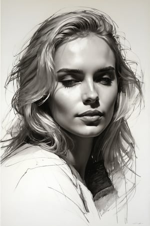 Masterpiece, best quality, dreamwave, aesthetic, 1woman, open look, (looking into the eyes), charming sexy half-smile, blonde hair, sketch, lineart, pencil, white background, portrait by Katerina Shpitsa russian actress, Style by Nikolay Feshin, artistic oil painting stick,charcoal \(medium\),