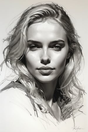 Masterpiece, best quality, dreamwave, aesthetic, 1woman, open look, (looking into the eyes), charming sexy half-smile, blonde hair, sketch, lineart, pencil, white background, portrait by Katerina Shpitsa russian actress, Style by Nikolay Feshin, artistic oil painting stick,charcoal \(medium\),