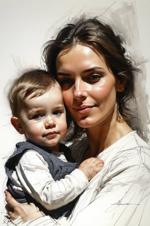 Masterpiece, best quality, dreamwave, aesthetic, portrait: 1 wife, 1 husband and 1boy- chield 2 years old, open look, (looking into the eyes), smiling charmingly, short brown hair, sketch, lineart, pencil, white background, portrait by Alexanov, Style by Nikolay Feshin, artistic oil painting stick,charcoal \(medium\),