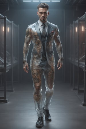 Glass made ultra Detailed translucent handsome man standing in high detail suit and tattoo, brunette, beautiful perfect face, beautiful body, full_body named, portrait, intricate details, complementary colors, body in frame, sharp focus, 8k resolution, professional photo, good quality, high detail, 8k, soft light, HDR
,wearing White color,full body,
,cyberpunk style,cyberpunk
