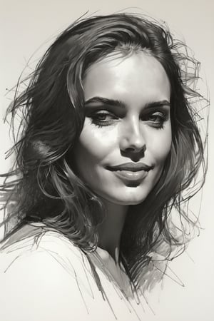 Masterpiece, best quality, dreamwave, aesthetic, 1woman, open look, (looking into the eyes), smiling charmingly sexy, sketch, lineart, pencil, white background, portrait by Alizee, Style by Nikolay Feshin, artistic oil painting stick,charcoal \(medium\),