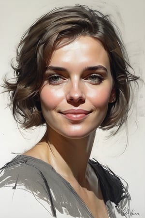 Masterpiece, best quality, dreamwave, aesthetic, portrait: 1 wife 26 years old, open look, (looking into the eyes), smiling charmingly, short brown hair, sketch, lineart, pencil, white background, portrait by Alexanov, Style by Nikolay Feshin, artistic oil painting stick,charcoal \(medium\),