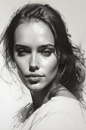 Masterpiece, best quality, dreamwave, aesthetic, 1woman, open look, (looking into the eyes), charming sexy half-smile, sketch, lineart, pencil, white background, portrait by Alizee, Style by Nikolay Feshin, artistic oil painting stick,charcoal \(medium\),