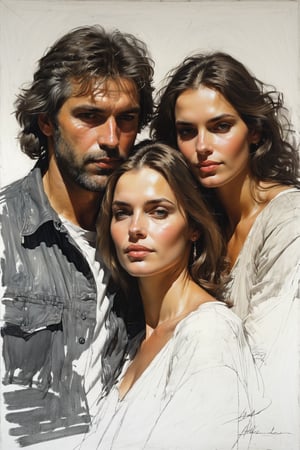 Masterpiece, highest quality, extreme clarity, dreamwave, aesthetic, portrait of three people: 1 wife and 1 husband of 26 years and 1 girl of 2 years, open look (looks into the eyes), charming half-smile, short brown hair, sketch, ruler, pencil, white background, portrait of Aleksanov, Style of Nikolai Feshin, art oil painting, charcoal \ (medium \),