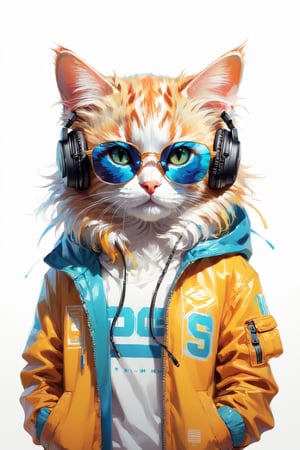 Perfect centering, Cute cat, Wear a student team jacket, Wearing sunglasses, Wearing headphones, cheerfulness, Standing position, Abstract beauty, Centered, Looking at the camera, Facing the camera, Approaching perfection, Dynamic, Highly detailed, Smooth, Sharp Focus, 8K, hight resolution, Illustration, art by carne griffiths and wadim kashin, White background
