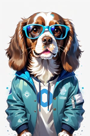 Perfect centering, Cute brown english cokker spaniel, Wear a student team jacket, Wearing sunglasses, Wearing headphones, cheerfulness, Standing position, Abstract beauty, Centered, Looking at the camera, Facing the camera, Approaching perfection, Dynamic, Highly detailed, Smooth, Sharp Focus, 8K, hight resolution, Illustration, art by carne griffiths and wadim kashin, White background