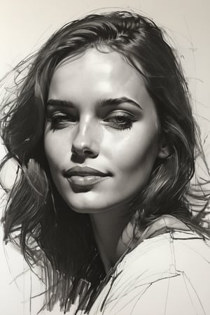 Masterpiece, best quality, dreamwave, aesthetic, 1woman, open look, (looking into the eyes), smiling charmingly sexy, sketch, lineart, pencil, white background, portrait by Alizee, Style by Nikolay Feshin, artistic oil painting stick,charcoal \(medium\),