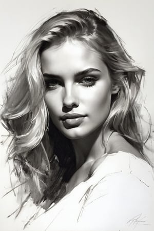 Masterpiece, best quality, dreamwave, aesthetic, 1woman, open look, (looking into the eyes), charming sexy half-smile, blonde hair, sketch, lineart, pencil, white background, portrait by Katerina Shpitsa russian actress, Style by Nikolay Feshin, artistic oil painting stick,charcoal \(medium\),