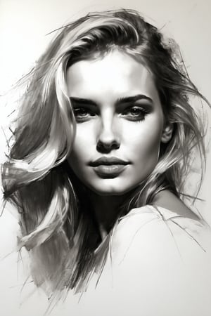 Masterpiece, best quality, dreamwave, aesthetic, 1woman, open look, (looking into the eyes), charming sexy half-smile, blonde hair, sketch, lineart, pencil, white background, portrait by Katerina Shpitsa russian actress, Style by Nikolay Feshin, artistic oil painting stick,charcoal \(medium\),