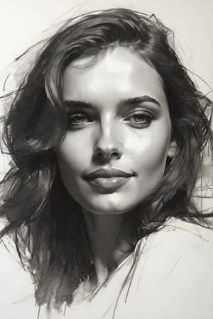 Masterpiece, best quality, dreamwave, aesthetic, 1woman, open look, (looking into the eyes), smiling charmingly sexy, sketch, lineart, pencil, white background, portrait by Katerina Shpitsa russian actress, Style by Nikolay Feshin, artistic oil painting stick,charcoal \(medium\),