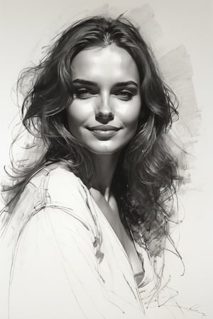 Masterpiece, best quality, dreamwave, aesthetic, 1woman, open look, (looking into the eyes), smiling charmingly sexy, sketch, lineart, pencil, white background, portrait by Katerina Shpitsa russian actress, Style by Nikolay Feshin, artistic oil painting stick,charcoal \(medium\),