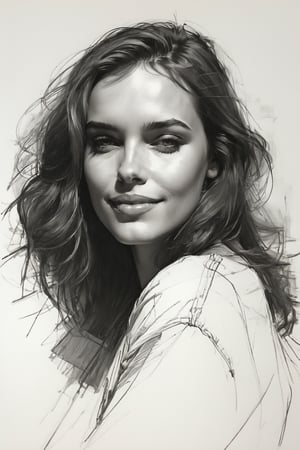 Masterpiece, best quality, dreamwave, aesthetic, 1woman, open look, (looking into the eyes), smiling charmingly sexy, sketch, lineart, pencil, white background, portrait by Alizee, Style by Nikolay Feshin, artistic oil painting stick,charcoal \(medium\),