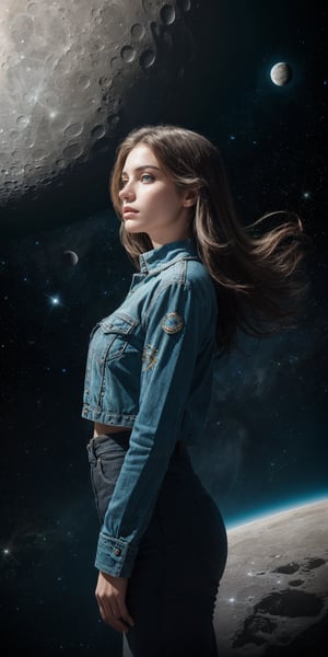 A cosmic explorer A woman with deep, contemplative eyes, her hair flowing like stardust, adorned with subtle, celestial motifs, standing on the surface of a distant moon, gazing at the vastness of space.
