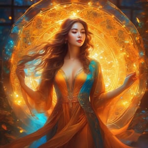 a beautiful full body translucent  beautiful girl, bright color, points of internal light all over the body, amber style light, complex illustration, Mysterious