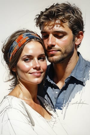 Masterpiece, best quality, dreamwave, aesthetic, portrait: 1 wife, 1 husband 26 years old and 1boy- chield 2 years old, open look, (looking into the eyes), smiling charmingly, short brown hair, sketch, lineart, pencil, white background, portrait by Alexanov, Style by Nikolay Feshin, artistic oil painting stick,charcoal \(medium\),
