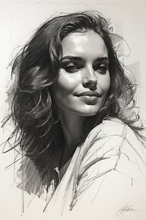 Masterpiece, best quality, dreamwave, aesthetic, 1woman, open look, (looking into the eyes), smiling charmingly sexy, sketch, lineart, pencil, white background, portrait by Katerina Shpitsa russian actress, Style by Nikolay Feshin, artistic oil painting stick,charcoal \(medium\),