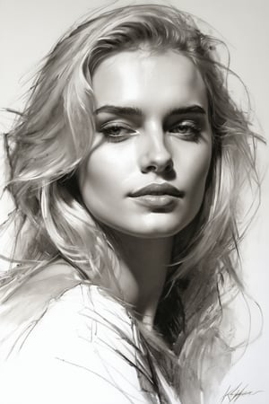 Masterpiece, best quality, dreamwave, aesthetic, 1woman, open look, (looking into the eyes), charming sexy half-smile, blonde hair, sketch, lineart, pencil, white background, portrait by Katerina Shpitsa russian actress, Style by Nikolay Feshin, artistic oil painting stick,charcoal \(medium\),