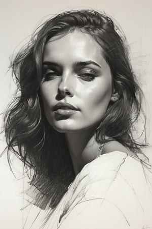 Masterpiece, best quality, dreamwave, aesthetic, 1woman, open look, (looking into the eyes), charming sexy half-smile, sketch, lineart, pencil, white background, portrait by Alizee, Style by Nikolay Feshin, artistic oil painting stick,charcoal \(medium\),