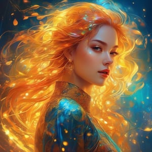 a beautiful full body translucent  beautiful girl, bright color, points of internal light all over the body, amber style light, complex illustration, Mysterious