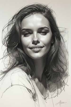 Masterpiece, best quality, dreamwave, aesthetic, 1woman, open look, (looking into the eyes), smiling charmingly sexy, sketch, lineart, pencil, white background, portrait by Alizee, Style by Nikolay Feshin, artistic oil painting stick,charcoal \(medium\),