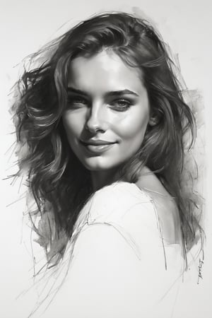 Masterpiece, best quality, dreamwave, aesthetic, 1woman, open look, (looking into the eyes), smiling charmingly sexy, sketch, lineart, pencil, white background, portrait by Katerina Shpitsa russian actress, Style by Nikolay Feshin, artistic oil painting stick,charcoal \(medium\),