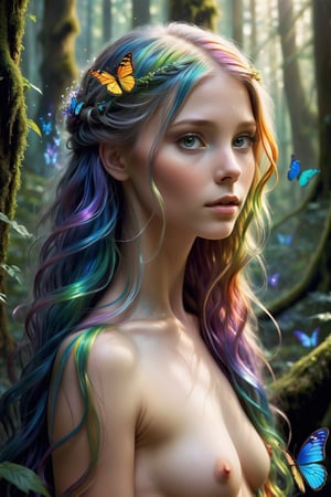 [faerie] very young Fiona's hair, typically cascading like ,very young,full body, a silvery waterfall, now appears to shimmer with a life of its own. ,It catches the forest's hues, reflecting them like a mirror, and the psychedelic colors seem to blend with her moonlit strands. It's as if the forest's magic has woven itself into the very strands, infusing them with its surreal essence. Her body moves with a fluid grace that transcends the boundaries of the ordinary. , which flutter with an almost butterfly-like vibrancy, shimmer in shades of twilight's hues. Their iridescence seems to have intensified under the forest's influence, as if they've absorbed the very magic that fills the air. Each movement of  adds to the mesmerizing dance of colors that surrounds her.( (Nude))