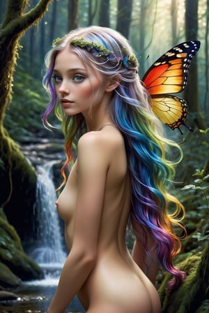 [faerie] very young Fiona's hair, typically cascading like ,very young,full body, a silvery waterfall, now appears to shimmer with a life of its own. ,It catches the forest's hues, reflecting them like a mirror, and the psychedelic colors seem to blend with her moonlit strands. It's as if the forest's magic has woven itself into the very strands, infusing them with its surreal essence. Her body moves with a fluid grace that transcends the boundaries of the ordinary. , which flutter with an almost butterfly-like vibrancy, shimmer in shades of twilight's hues. Their iridescence seems to have intensified under the forest's influence, as if they've absorbed the very magic that fills the air. Each movement of  adds to the mesmerizing dance of colors that surrounds her.( Nude)