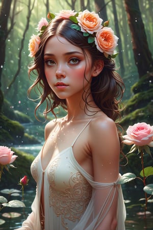 Ultra realistic, a very beautiful savage symmetric girl, (little niña ), water particles flying around, mandala, fantastic forest, fantasy, surrounded by roses , portrait,  sharp focus, intricate, elegant, digital painting, artstation, (highly detailed), (full body  ), concept art, illustration, ambient lighting, art by ilya kuvshinov, artgerm, alphonse mucha, greg rutkowski, midsonmar