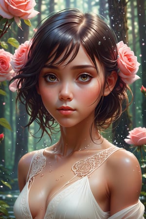 Ultra realistic, a very beautiful savage symmetric girl, (little niña ), water particles flying around, mandala, fantastic forest, fantasy, surrounded by roses , portrait,  sharp focus, intricate, elegant, digital painting, artstation, (highly detailed), (full body  ), concept art, illustration, ambient lighting, art by ilya kuvshinov, artgerm, alphonse mucha, greg rutkowski, midsonmar,nu