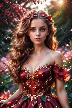 Very young girl with beautiful blowing hair and mesmerizing eyes, wearing a flowing red gold dress made of petals, in a serene garden filled with blooming flowers, a representation of beauty and grace, charming, cute, beautiful, ultra detailed, dream like shot, 8k, sunset,((holographic))), (((rainbowish))), expressive, cinematic, dynamic pose, arcane style,Add more detail,fantasy00d,orcaeffectKA,more detail XL, naked