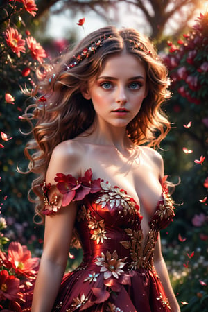 (Very young girl) with beautiful blowing hair and mesmerizing eyes, wearing a flowing red gold sexy dress made of petals, in a serene garden filled with blooming flowers, a representation of beauty and grace, charming, cute, beautiful, ultra detailed, dream like shot, 8k, sunset,((holographic))), (((rainbowish))), expressive, cinematic, dynamic pose, arcane style,Add more detail,fantasy00d,orcaeffectKA,more detail XL, (naked)