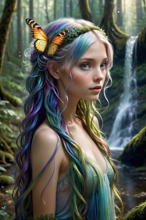 [faerie] very young Fiona's hair, typically cascading like ,very young,full body, a silvery waterfall, now appears to shimmer with a life of its own. ,It catches the forest's hues, reflecting them like a mirror, and the psychedelic colors seem to blend with her moonlit strands. It's as if the forest's magic has woven itself into the very strands, infusing them with its surreal essence. Her body moves with a fluid grace that transcends the boundaries of the ordinary. , which flutter with an almost butterfly-like vibrancy, shimmer in shades of twilight's hues. Their iridescence seems to have intensified under the forest's influence, as if they've absorbed the very magic that fills the air. Each movement of  adds to the mesmerizing dance of colors that surrounds her,