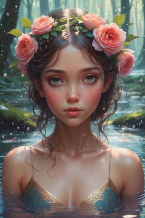 Ultra realistic, a very beautiful savage symmetric girl, (little niña ), water particles flying around, mandala, fantastic forest, fantasy, surrounded by roses , portrait,  sharp focus, intricate, elegant, digital painting, artstation, (highly detailed), (full body  ), concept art, illustration, ambient lighting, art by ilya kuvshinov, artgerm, alphonse mucha, greg rutkowski, midsonmar