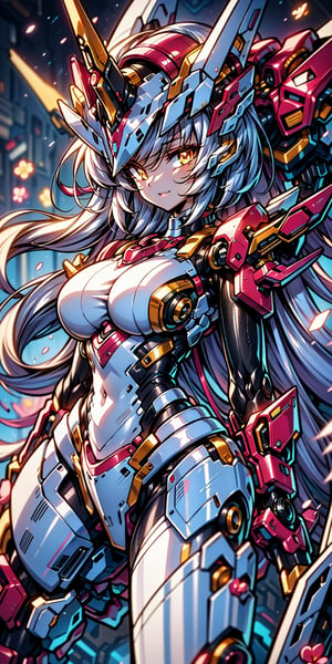 studio sci-fi photorealistic concept Heart Hands posing half human black mecha girl with heavy gun in hands posing sexy blue hair reds glow reflections, reds lights ambient 
high res, high quality, skinny, photorealistic, realistic, ((masterpiece)), ,photostudio, aesthetic,mecha,hightech_robotics,glitter