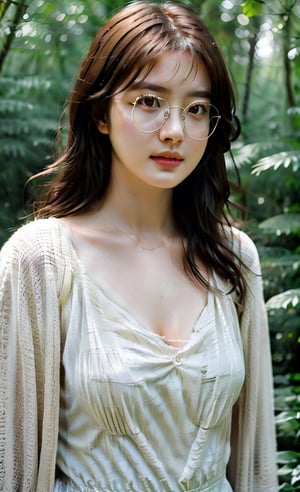1girl, solo, jewelry, glasses, necklace, black_hair, shirt, short_hair, black_eyes, white_shirt, looking_at_side, black-framed_eyewear, realistic, parted_lips, lips, forest_background, upper_body, bangs, simple_background, short_sleeves, breasts, nose, cleavage, freckles, t-shirt, collarbone, 
