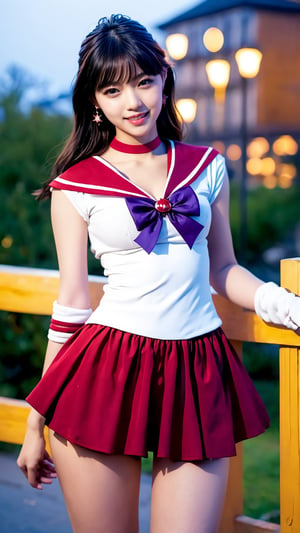 masterpiece, best quality, photorealistic, high_res, sama1, tiara, skirt, sailor senshi uniform, white gloves, red sailor collar, red skirt, star choker, elbow gloves, pleated skirt, bare legs, purple bow, standing, smile, moonlight, city, detailed background, finely detailed, intricate detailed, depth of field, low key, dslr, cowboy_shot,mai,nanase_nishino