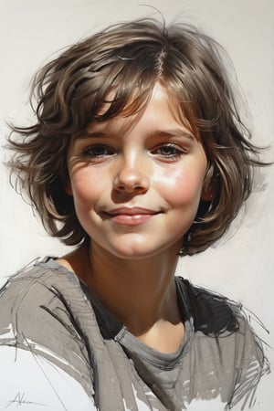 Masterpiece, best quality, dreamwave, aesthetic, 1boy- chield 2 years old, open look, (looking into the eyes), smiling charmingly, short brown hair, bob hairstyle, sketch, lineart, pencil, white background, portrait by Alexanov, Style by Nikolay Feshin, artistic oil painting stick,charcoal \(medium\), 