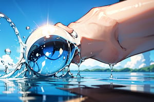 Beautiful view of gurgling water, watersplash, water droplets, water droplets, close up, very close up, reflection of light penetrating water droplets, blue sky background, not human