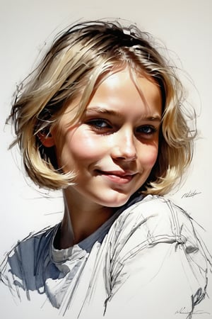 Masterpiece, best quality, dreamwave, aesthetic, 1girl- chield 9 years old, open look, (looking into the eyes), smiling charmingly sexy, short blonde hair, bob hairstyle, t-shirt, sketch, lineart, pencil, white background, portrait by Nikolay Alexanov, Style by Nikolay Feshin, artistic oil painting stick,charcoal \(medium\), 