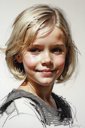 Masterpiece, best quality, dreamwave, aesthetic, 1girl- chield 4 years old, open look, (looking into the eyes), smiling charmingly, short blonde hair, bob hairstyle, sketch, lineart, pencil, white background, portrait by Nikolay Alexanov, Style by Nikolay Feshin, artistic oil painting stick,charcoal \(medium\), 