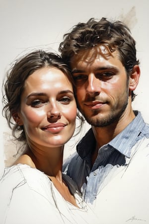 Masterpiece, best quality, dreamwave, aesthetic, portrait: 1 wife, 1 husband 26 years old and 1boy- chield 2 years old, open look, (looking into the eyes), smiling charmingly, short brown hair, sketch, lineart, pencil, white background, portrait by Alexanov, Style by Nikolay Feshin, artistic oil painting stick,charcoal \(medium\),