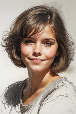 Masterpiece, best quality, dreamwave, aesthetic, 1girl- chield 4 years old, open look, (looking into the eyes), smiling charmingly, short brown hair, bob hairstyle, sketch, lineart, pencil, white background, portrait by Nikolay Alexanov, Style by Nikolay Feshin, Style by Zhaoming Wu, artistic oil painting stick,charcoal \(medium\), 