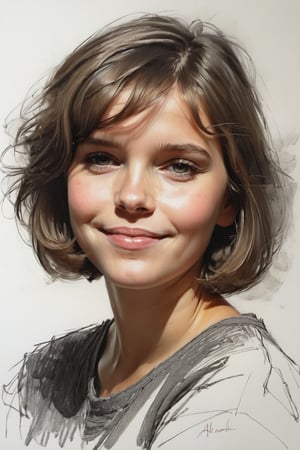 Masterpiece, best quality, dreamwave, aesthetic, 1girl- chield 3 years old, open look, (looking into the eyes), smiling charmingly, short brown hair, bob hairstyle, sketch, lineart, pencil, white background, portrait by Alexanov, Style by Nikolay Feshin, artistic oil painting stick,charcoal \(medium\), 