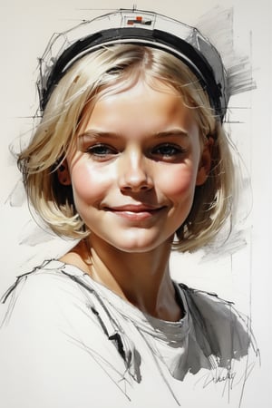 Masterpiece, best quality, dreamwave, aesthetic, 1girl- chield 5 years old, open look, (looking into the eyes), smiling charmingly sexy, short blonde hair, bob hairstyle, sketch, lineart, pencil, white background, portrait by Nikolay Alexanov, Style by Nikolay Feshin, artistic oil painting stick,charcoal \(medium\), 