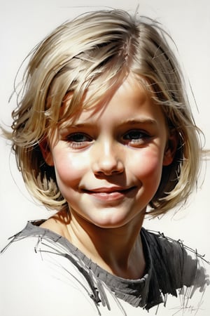 Masterpiece, best quality, dreamwave, aesthetic, 1girl- chield 5 years old, open look, (looking into the eyes), smiling charmingly, short blonde hair, bob hairstyle, sketch, lineart, pencil, white background, portrait by Nikolay Alexanov, Style by Nikolay Feshin, artistic oil painting stick,charcoal \(medium\), 