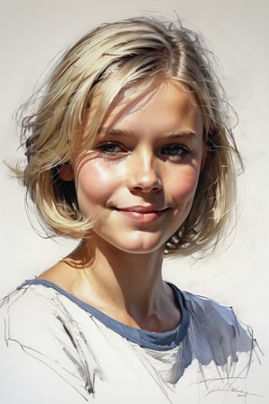 Masterpiece, best quality, dreamwave, aesthetic, 1girl- chield 9 years old, open look, (looking into the eyes), smiling charmingly sexy, short blonde hair, bob hairstyle, t-shirt, sketch, lineart, pencil, white background, portrait by Nikolay Alexanov, Style by Nikolay Feshin, artistic oil painting stick,charcoal \(medium\), 