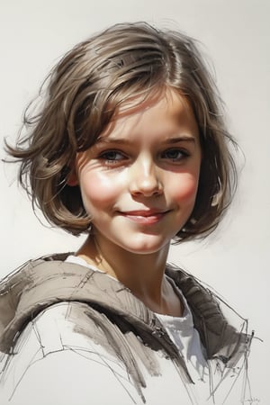 Masterpiece, best quality, dreamwave, aesthetic, 1girl- chield 4 years old, open look, (looking into the eyes), smiling charmingly, short brown hair, bob hairstyle, sketch, lineart, pencil, white background, portrait by Alexanov, Style by Nikolay Feshin, artistic oil painting stick,charcoal \(medium\), 