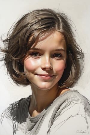 Masterpiece, best quality, dreamwave, aesthetic, 1girl- chield 4 years old, open look, (looking into the eyes), smiling charmingly, short brown hair, bob hairstyle, sketch, lineart, pencil, white background, portrait by Nikolay Alexanov, Style by Nikolay Feshin, artistic oil painting stick,charcoal \(medium\), 